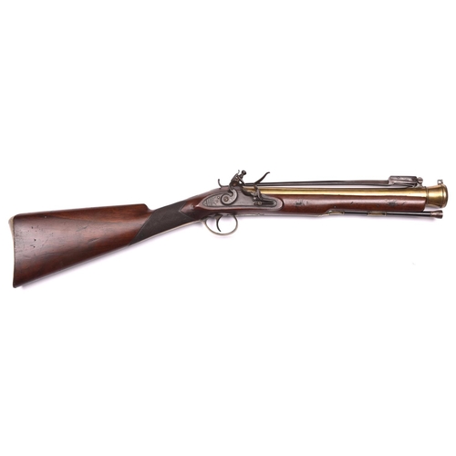 15 - A brass barrelled flintlock blunderbuss with spring bayonet, c 1820, 29½” overall, bell mouth barrel... 