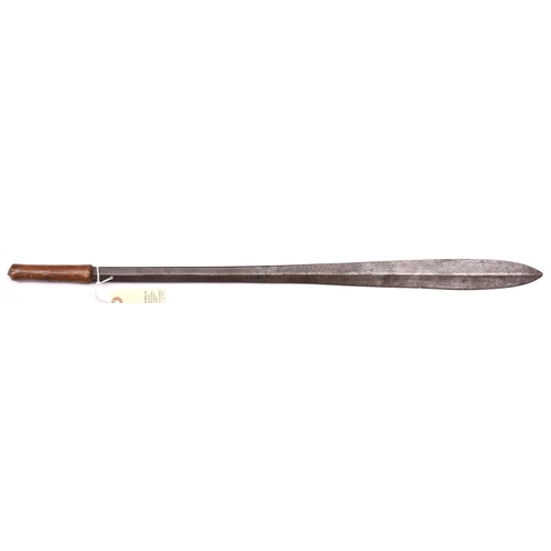 342 - A Masai sword, seme,  heavy, hollow diamond section blade 23”, swollen at point, plain wooden grip (... 