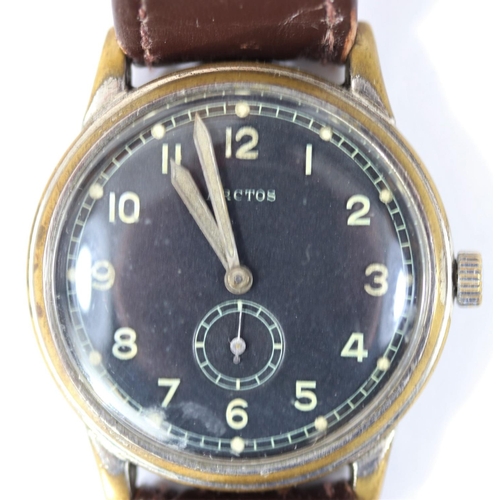 169 - Unmarked Arctos wristwatch. Serial 679962. Plated case, brushed finish, considerable wear to plating... 