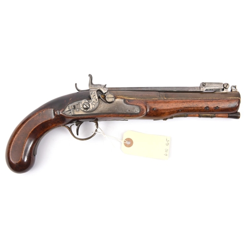 63 - A brass barrelled percussion pistol with spring bayonet, by Goodwin & Co, converted from flintlock w... 