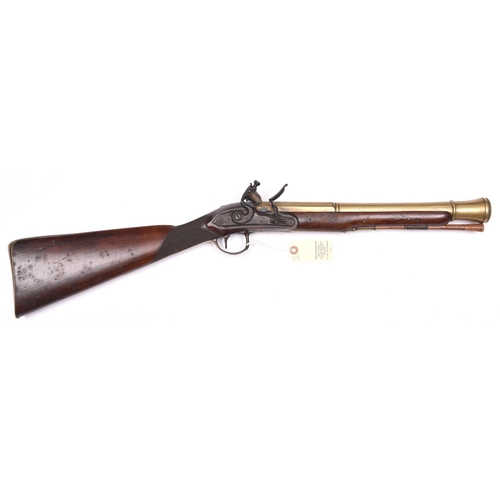 12 - A brass barrelled flintlock blunderbuss by J Probin c 1800,  30” overall, 2 stage bell mouth barrel ... 