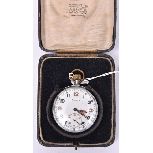 164 - A plated military pocket watch, dial marked “Helvetia” and “Swiss Made”, and on the back broad arrow... 