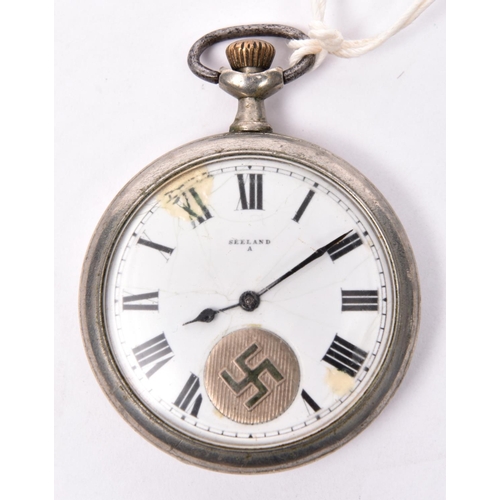 206 - A German pocket watch, by Seeland, the dial with applied enamelled swastika disc, the back applied w... 