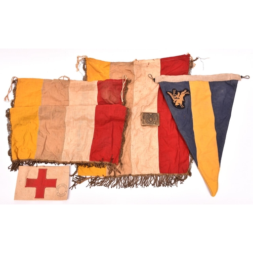 226 - A WWI Army Medical Service arm band, red cloth on white linen with circular AMS stamp, and inside “S... 