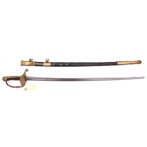 261 - A French naval officer’s sword, c 1870, slightly curved, fullered blade 29”, with narrow back fuller... 