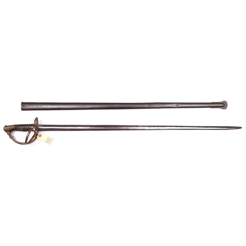 270 - A French cavalry sword, c 1875,  straight fullered blade 36½”, with rounded backstrap (name removed)... 