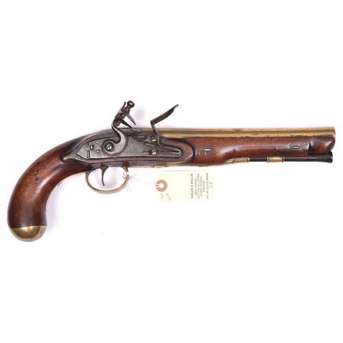 30 - A scarce 20 bore brass barrelled flintlock mail coach pistol by J Harding,  14½” overall, barrel 9” ... 