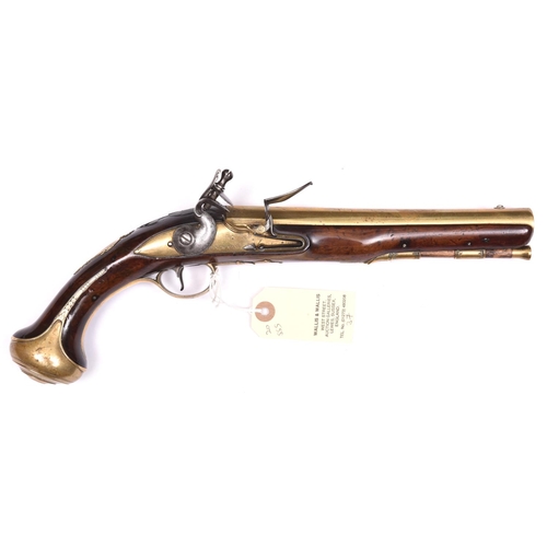 31 - A 16 bore brass barrelled flintlock holster pistol, by E Newton of Grantham, c 1775,  13½” overall, ... 