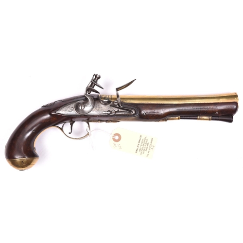 35 - A late 18th century brass barrelled flintlock blunderbuss pistol,  13¾” overall, slightly swamped ba... 