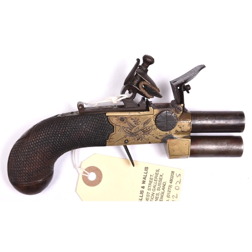 362 - An 80 bore brass framed DB O&U tap action flintlock boxlock pocket pistol, by Chance & Sons, c 1810,... 