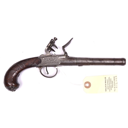 363 - A 50 bore silver mounted cannon barrelled flintlock boxlock pistol by Hadley, London, c 1770, 9½” ov... 