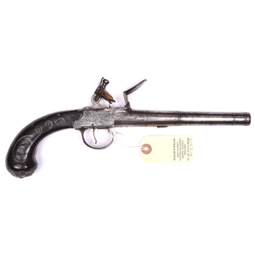 364 - A 26 bore silver mounted cannon barrelled flintlock boxlock pistol, c 1770, 12½” overall, turn off b... 