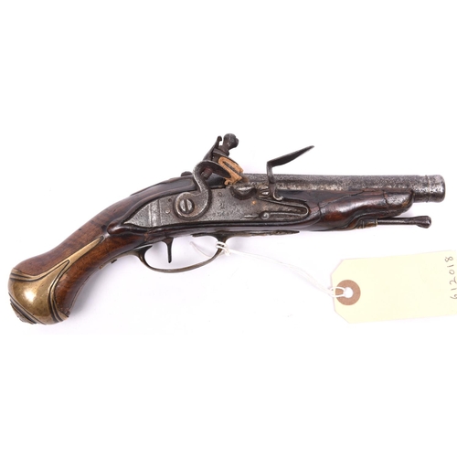 366 - A continental 50 bore flintlock travelling pistol,  9½” overall, barrel 4½” with muzzle ring; flat s... 