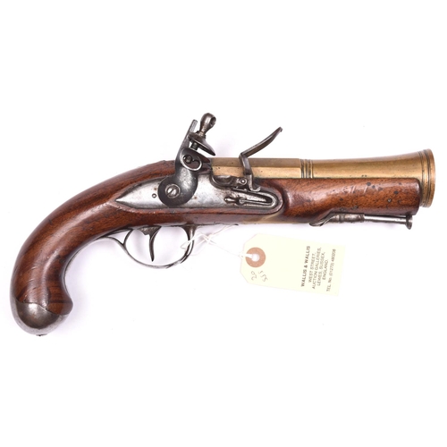 37 - An early 19th century French brass barrelled flintlock blunderbuss pistol,  11” overall, 2 stage bel... 