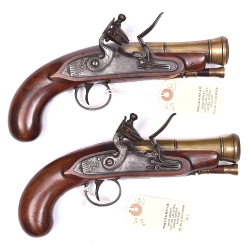 38 - A pair of brass barrelled flintlock blunderbuss travelling pistols, marked H. Nock, London, c 1820, ... 