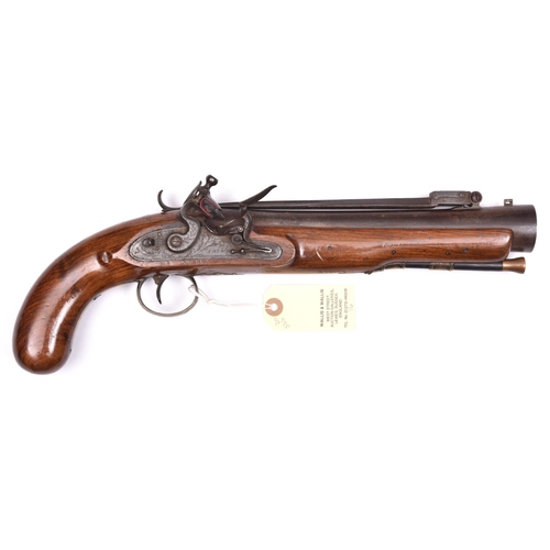 39 - A steel barrelled flintlock blunderbuss pistol with spring bayonet, c 1820, 14½” overall, slightly s... 