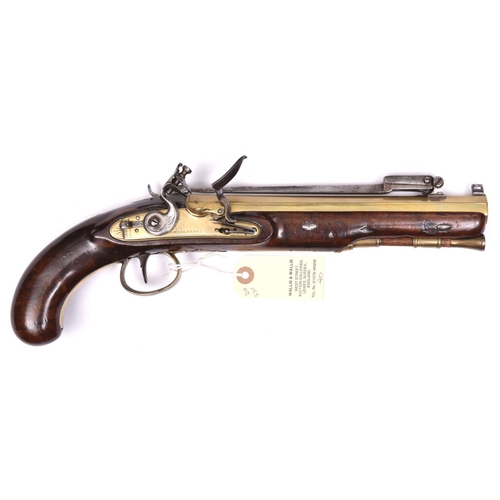 41 - A 28 bore brass barrelled flintlock pistol with spring bayonet, by W Ketland & Co, C 1820, 14½” over... 