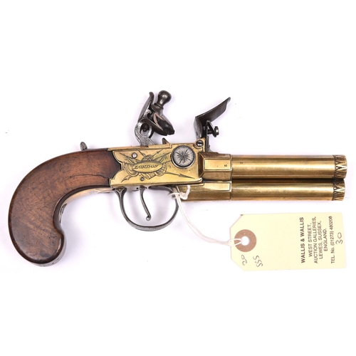 46 - A good scarce brass framed and brass 3 barrelled flintlock boxlock tap action pistol by Brasher,    ... 