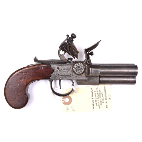 48 - A scarce 3 barrelled 80 bore flintlock boxlock tap action pistol, by Brander & Potts, Minories, Lond... 