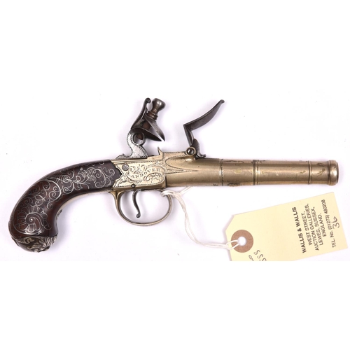 49 - A silver mounted 54 bore tutenag (German silver) cannon barrelled flintlock boxlock pocket pistol by... 