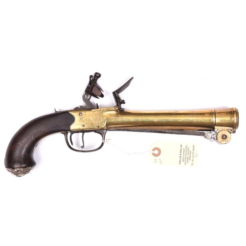 51 - A silver mounted brass barrelled and brass framed flintlock boxlock blunderbuss pistol with spring b... 