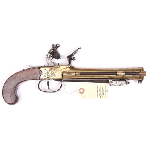 52 - A brass barrelled and brass framed flintlock boxlock blunderbuss pistol with spring bayonet, by (Joh... 