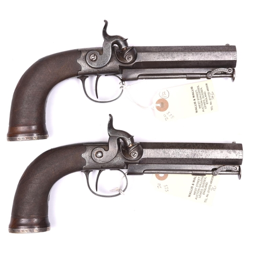 58 - A pair of officer’s 16 bore percussion boxlock sidehammer belt pistols, c 1845,  9¾” overall, octago... 