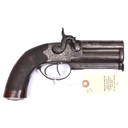 64 - A good 16 bore double barrelled over and under percussion boxlock side hammer belt pistol, by F. Bar... 