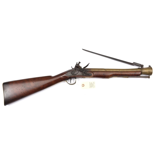 332 - A brass barrelled flintlock blunderbuss with spring bayonet, by Wheeler, c 1800,  29½” overall, bell... 