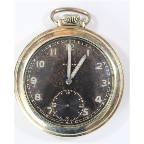 62 - Zenith pocket watch of type issued to Wehrmacht. Plated case, 51mm diameter, screw back with three i... 