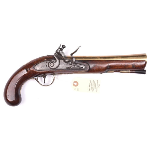 319 - A late 18th century brass barrelled flintlock blunderbuss pistol,  13½” overall, swamped barrel 8” w... 
