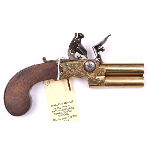 321 - A 90 bore brass framed and brass double barrelled over and under tap action flintlock boxlock pocket... 