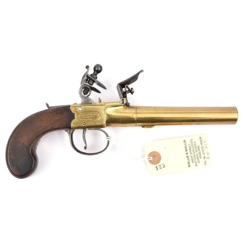 323 - A 30  bore brass barrelled and brass framed flintlock boxlock travelling pistol, by Bond, Corn Hill,... 