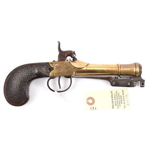 312 - A Continental bronze cannon barrelled and framed percussion boxlock pistol with spring bayonet,8½” o... 