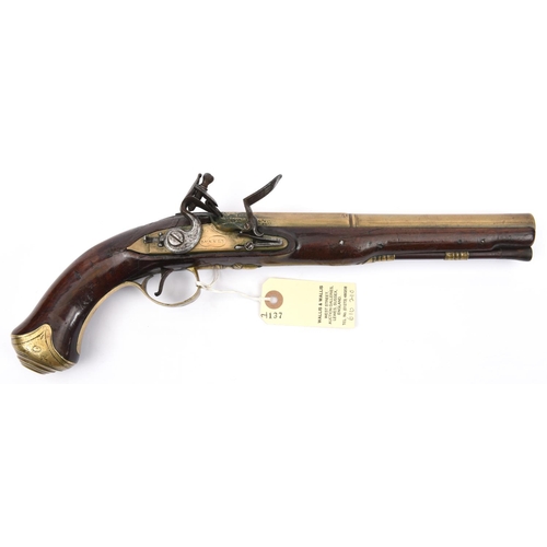 325 - A 20 bore brass barrelled flintlock holster pistol by Bunney, c 1785, 14¾” overall, 2 stage barrel 9... 