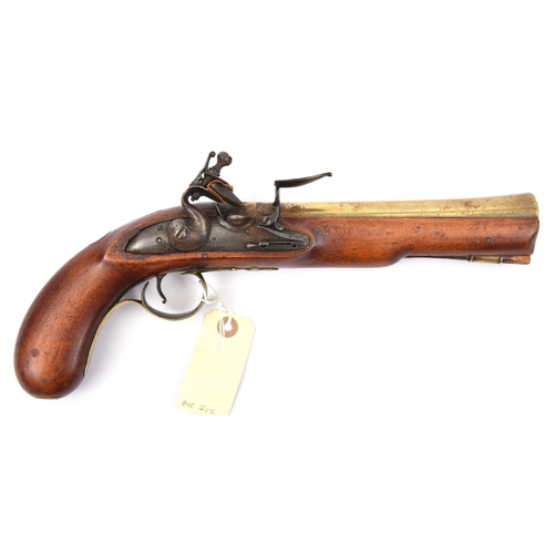 329 - A brass barrelled flintlock blunderbuss pistol,  13½” overall, swamped barrel 8” with 1” bore at the... 