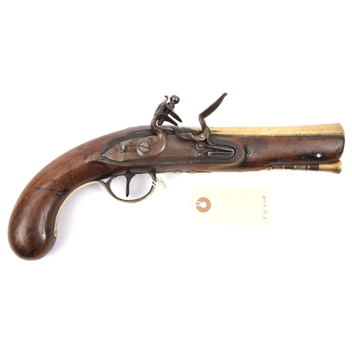 330 - A late 18th century brass barrelled flintlock blunderbuss pistol,  12” overall, swamped barrel 6” wi... 