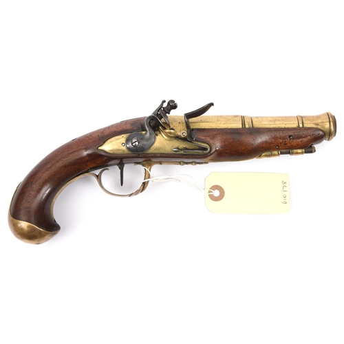 331 - A late 18th century French brass cannon barrelled flintlock travelling pistol,  11” overall, 2 stage... 