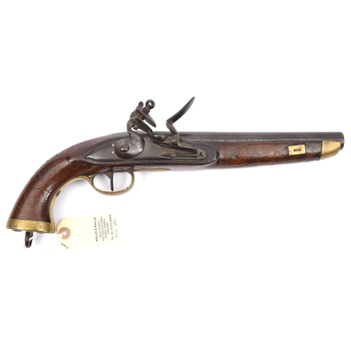 317 - A Belgian 14 bore military flintlock holster pistol, 15½” overall, barrel 9”; rounded lock with swan... 