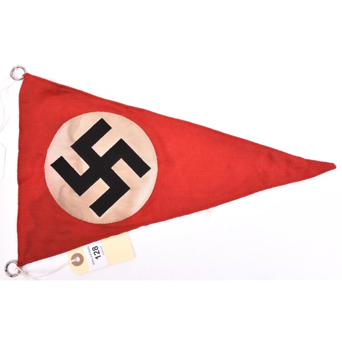 128 - A German triangular car pennant, bearing the party emblem of the NSDAP, 14”x8½” (35.5x21.5cm). GC