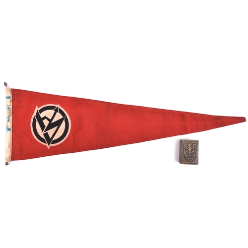 133 - SA double-sided car pennant, 22”x7” (56x18cm), New Condition; and a thin metal matchbox holder embos... 