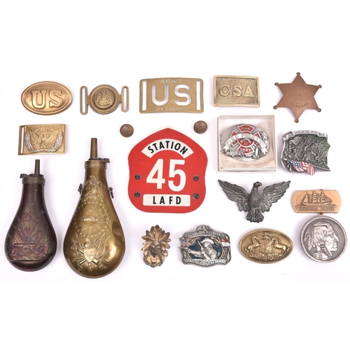 231 - A quantity of U.S. Civil War and other re-enactment and souvenir belt buckles,  pouch badges, 2 powd... 