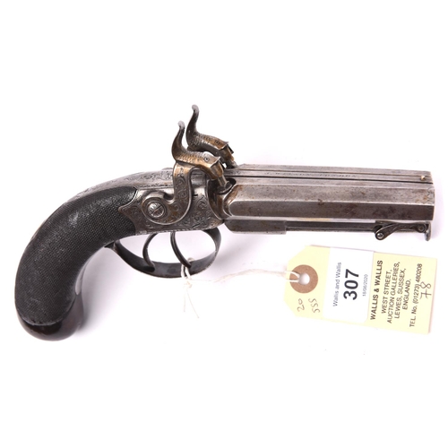 307 - A DB 40 bore percussion boxlock sidehammer pistol,  8½” overall, octagonal barrels 3½”, the top rib ... 