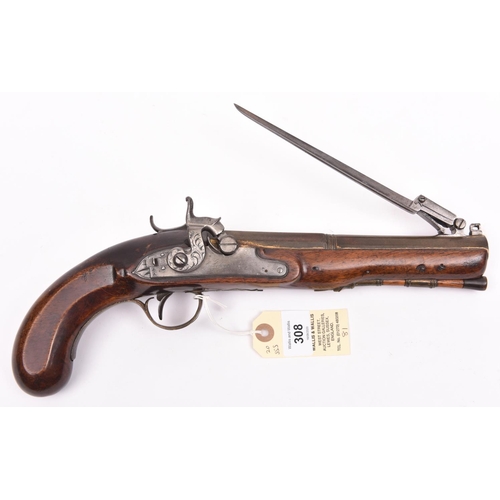 308 - A brass barrelled percussion pistol with spring bayonet, by Goodwin & Co, converted from flintlock w... 