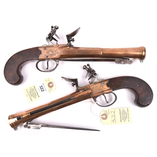 322 - A pair of bronze barrelled and bronze framed flintlock boxlock blunderbuss pistols, by (Robert) Whee... 