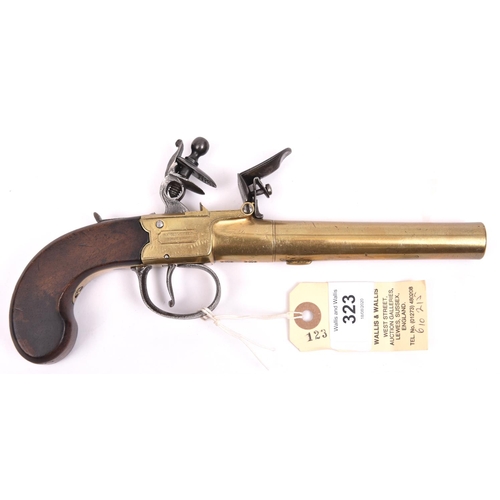 323 - A 30  bore brass barrelled and brass framed flintlock boxlock travelling pistol, by Bond, Corn Hill,... 