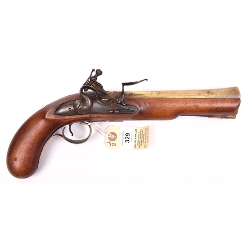 329 - A brass barrelled flintlock blunderbuss pistol,  13½” overall, swamped barrel 8” with 1” bore at the... 