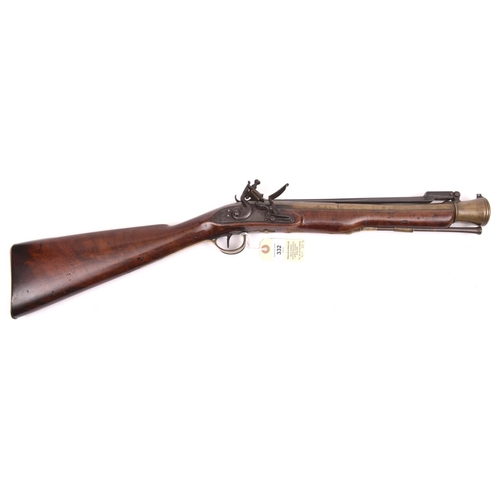 332 - A brass barrelled flintlock blunderbuss with spring bayonet, by Wheeler, c 1800,  29½” overall, bell... 