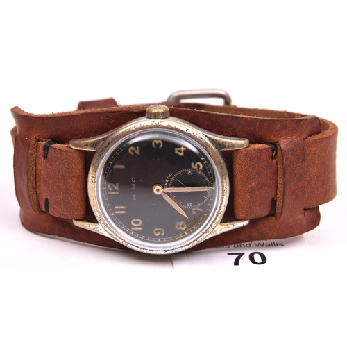 70 - Unmarked Mimo wristwatch. Serial 331600. Plated case, brushed finish, worn. Springbars. Screw caseba... 