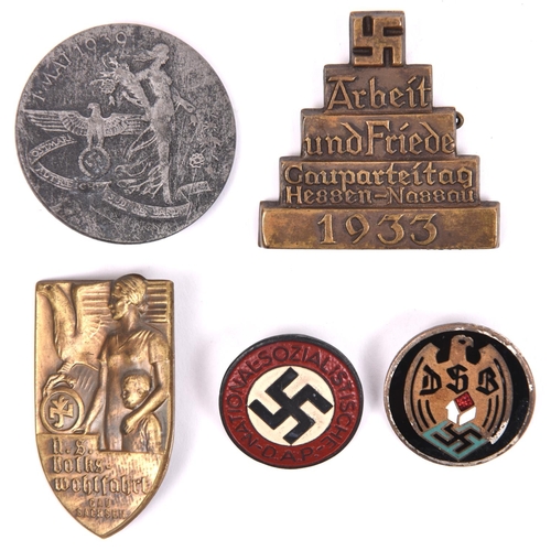 111 - 5 Third Reich pin-back badges: enamelled DSB with Aurich maker's mark; painted NSDAP party badge; al... 